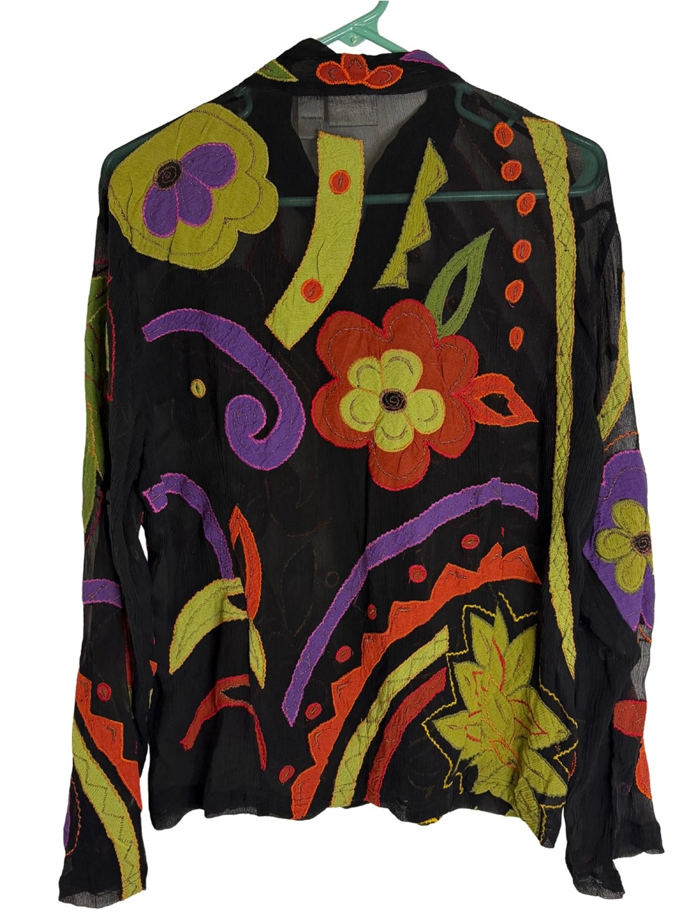 Chico's Silk Sheer Black Floral Embroidered Jacket / Full Zip Top - Picture 2 of 5